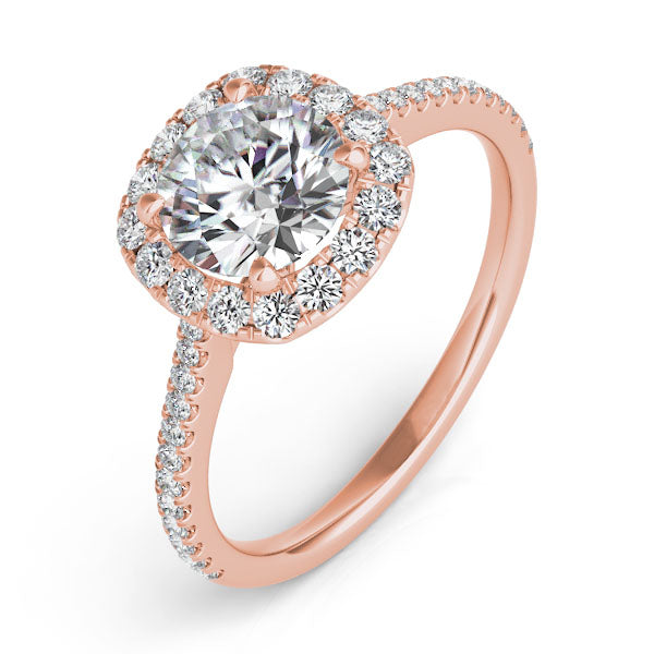 Milan RG halo engagement ring close-up, pavé rose gold detail – Cherry Pick Diamonds St. Louis MO