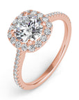 Milan RG halo engagement ring close-up, pavé rose gold detail – Cherry Pick Diamonds St. Louis MO