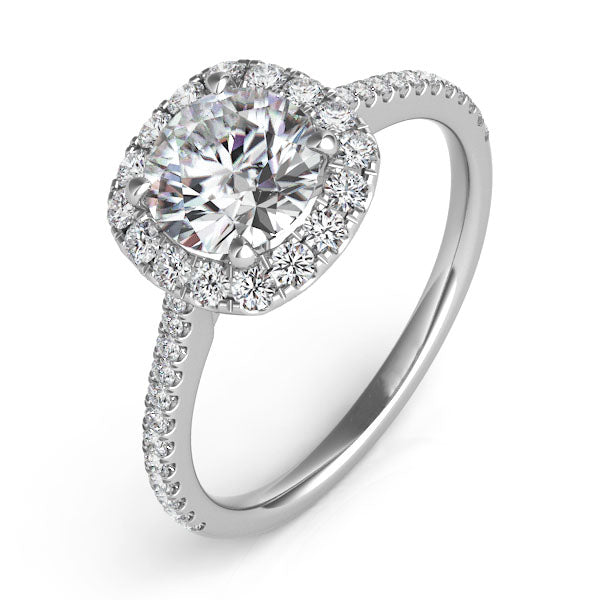 Milan WG halo engagement ring close-up, pavé white gold detail – Cherry Pick Diamonds St. Louis MO
