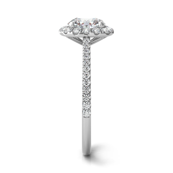 Milan white gold cushion outline halo engagement ring side view – Cherry Pick Diamonds Clayton MO