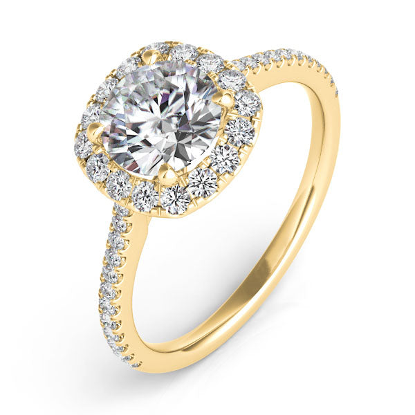 Milan YG halo engagement ring close-up, pavé yellow gold detail – Cherry Pick Diamonds St. Louis MO