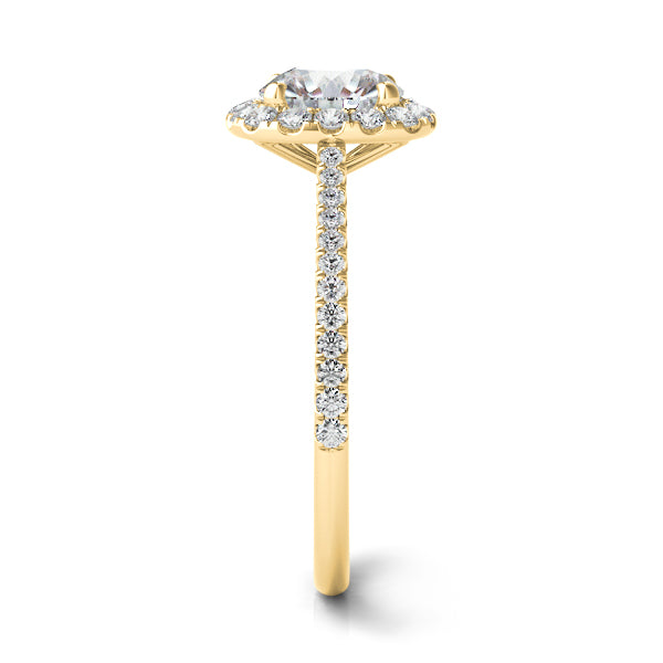Milan yellow gold cushion outline halo engagement ring side view – Cherry Pick Diamonds Clayton MO
