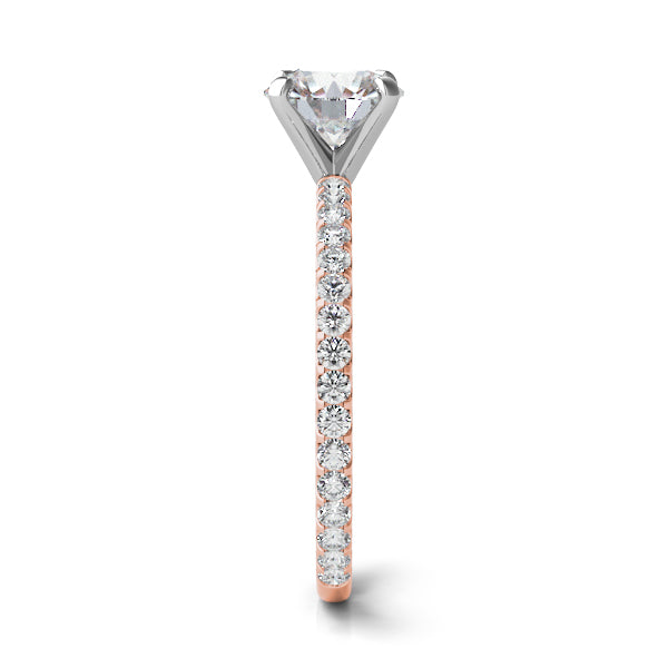 Rome rose gold engagement ring side view with natural diamond shared prong – Cherry Pick Diamonds Clayton MO