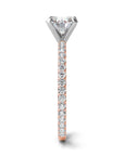 Rome rose gold engagement ring side view with natural diamond shared prong – Cherry Pick Diamonds Clayton MO